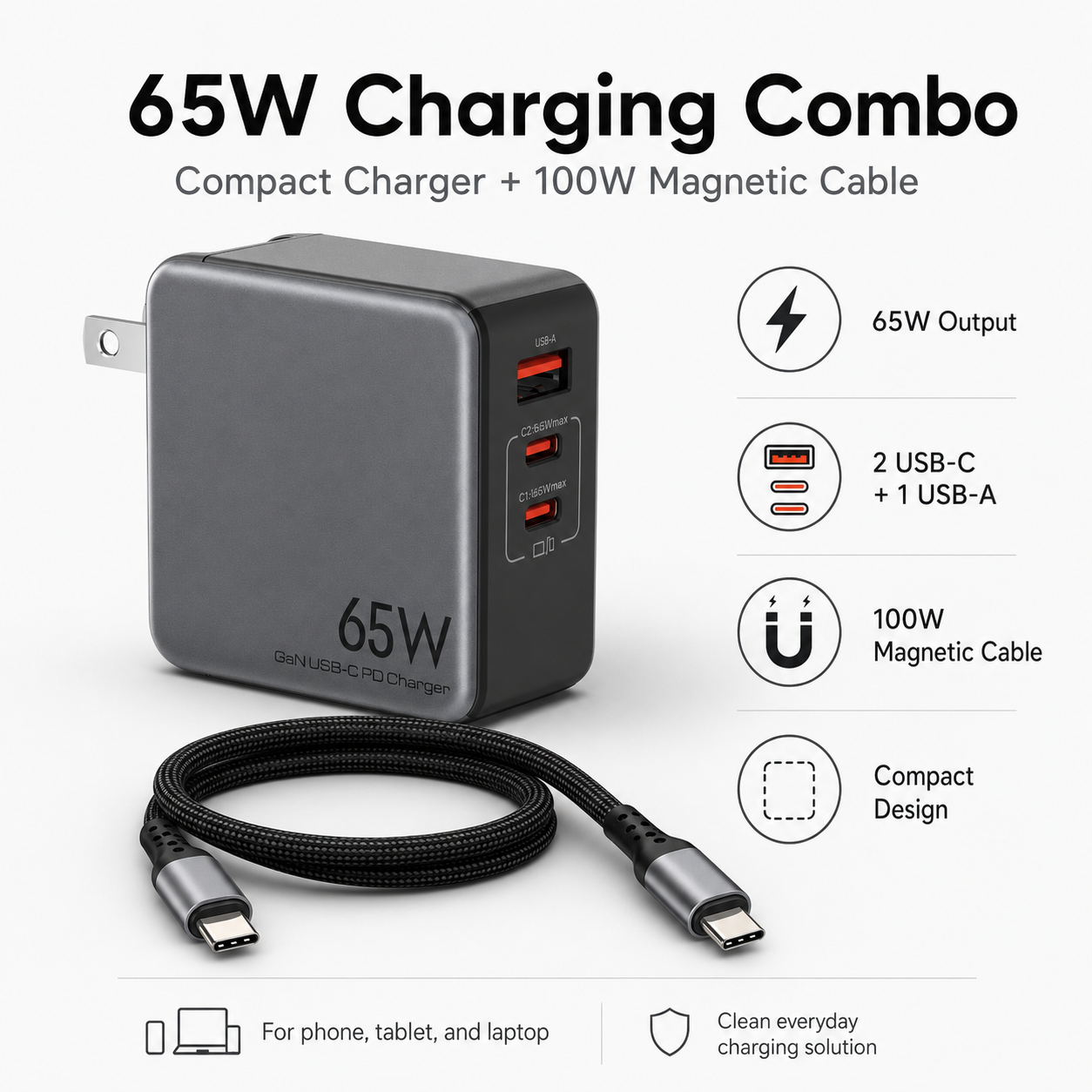 WINSLER GaN 65W 2C1A Charger + 100W Magnetic USB-C to USB-C Cable Combo