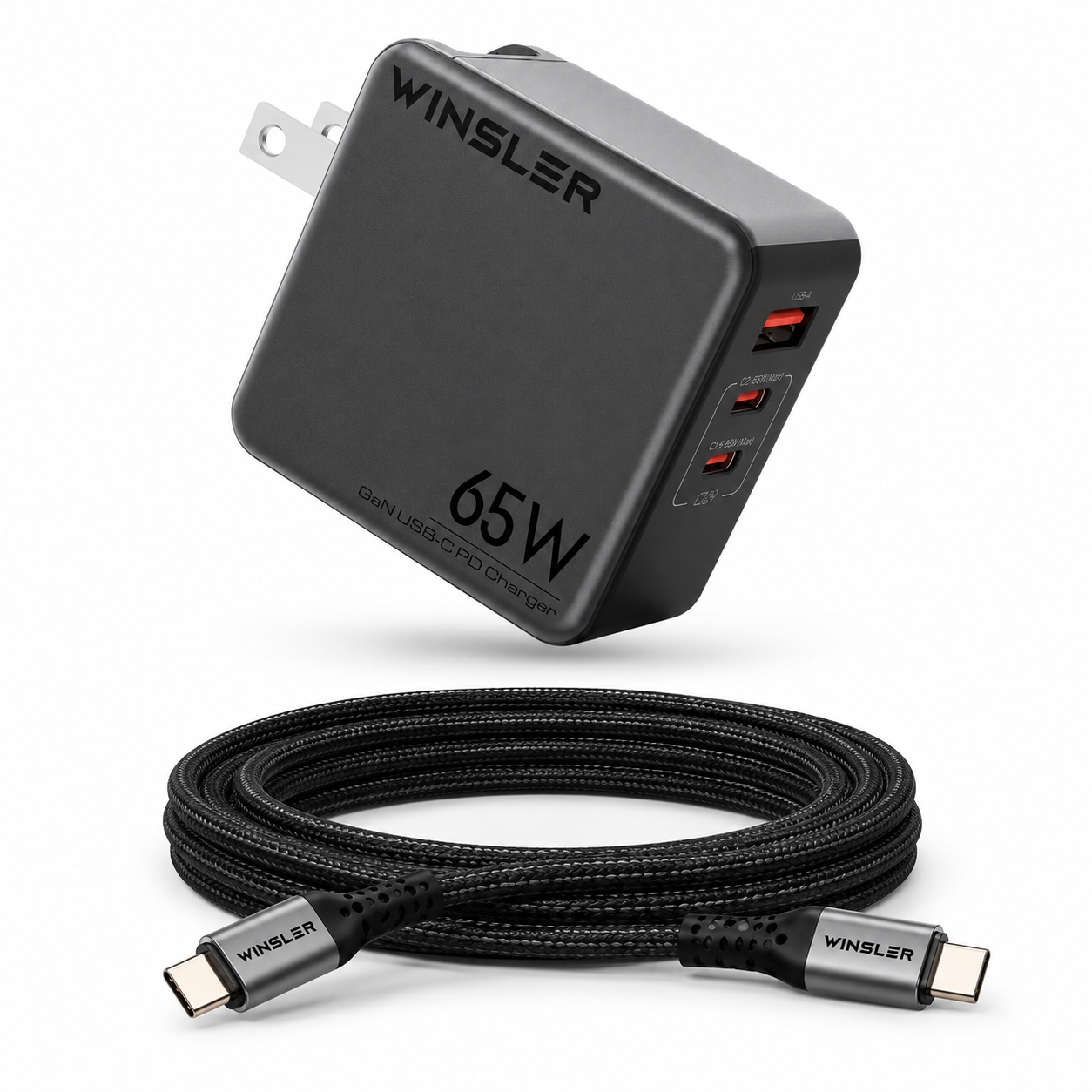 WINSLER GaN 65W 2C1A Charger + 100W Magnetic USB-C to USB-C Cable Combo